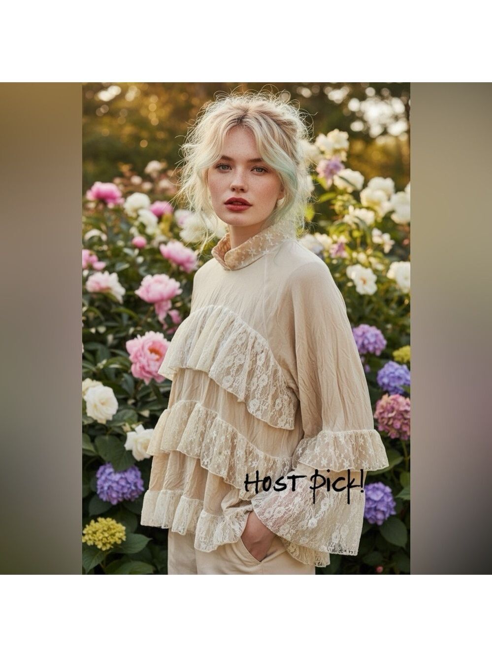 POL Cream Ruffled Tiered Blouse with Mandarin Collar
